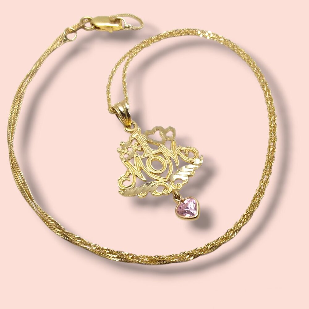 14K Solid Yellow Gold #1 MOM Pendant Necklace Pink Heart 16in Singapore Vtg 90s